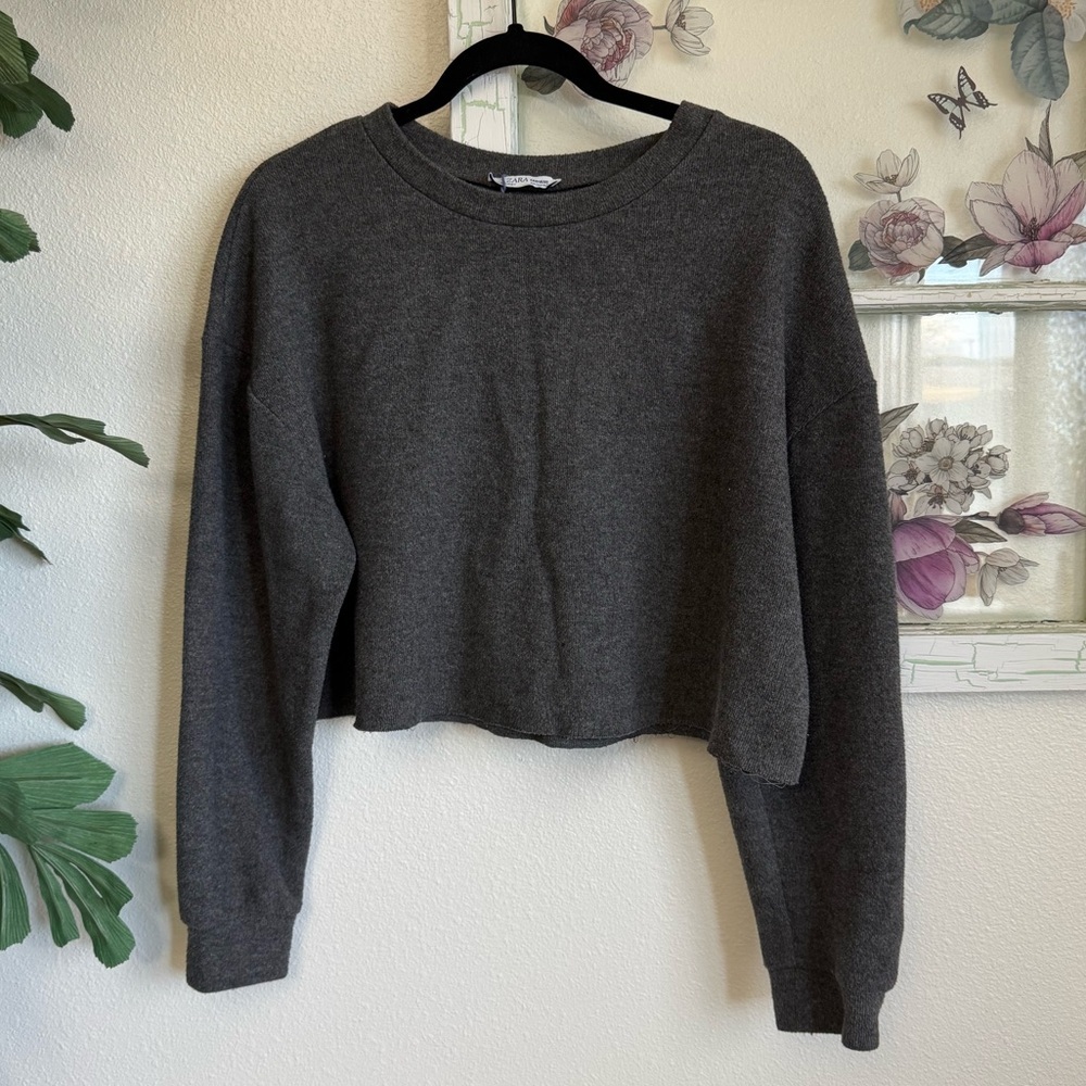 Zara Knit Cropped Sweater Gray Long Sleeve Size Medium